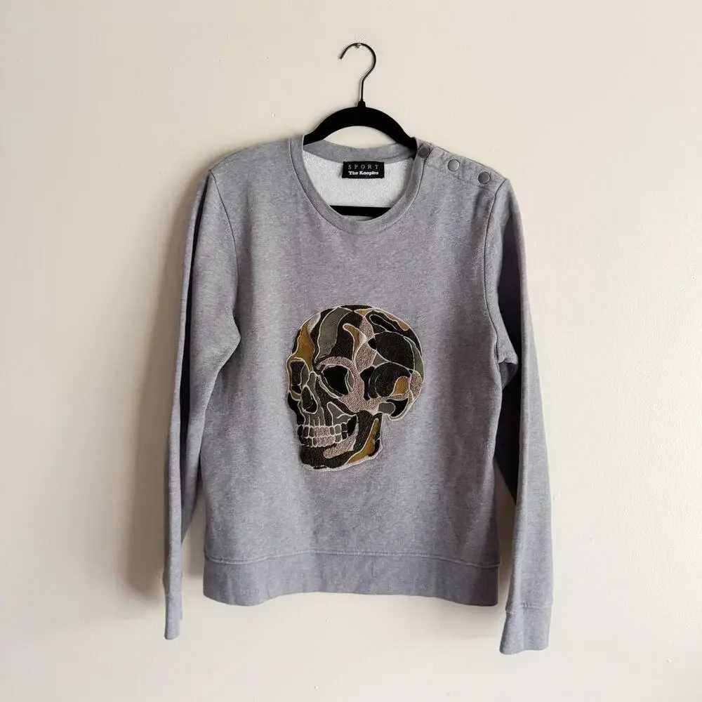 The Kooples Sport Grey + Grey Camo Skull Sweatshirt Small Raised Textured